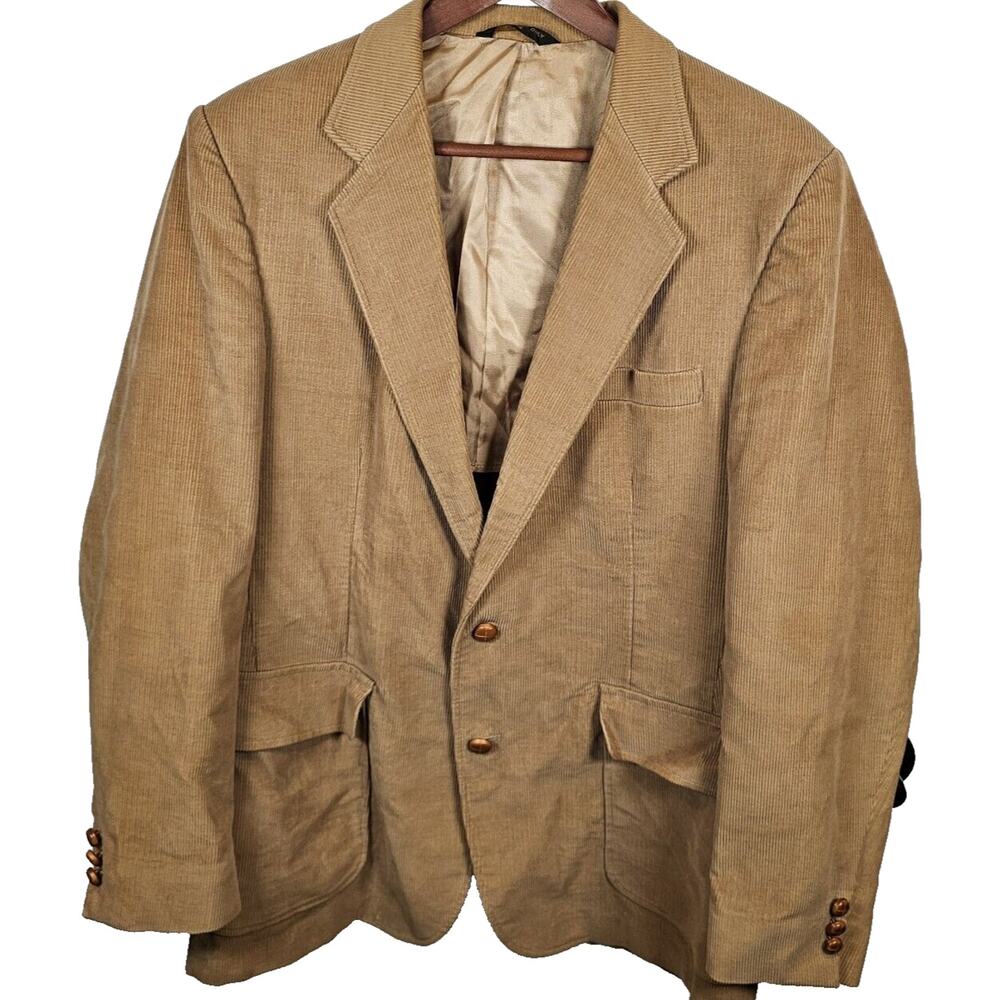 VTG Haggar Corduroy Blazer Jacket Mens 42 Beige Wooden Buttons Made in USA